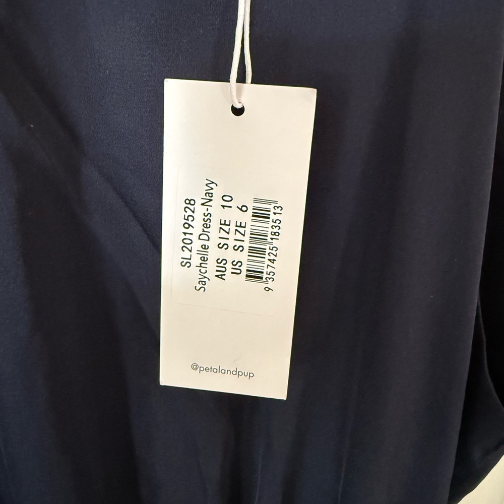 Petal & Pup Seychelle Navy Satin Asymmetrical Hem Tiered Ruffle Midi Dress - 6 - Picture 10 of 11